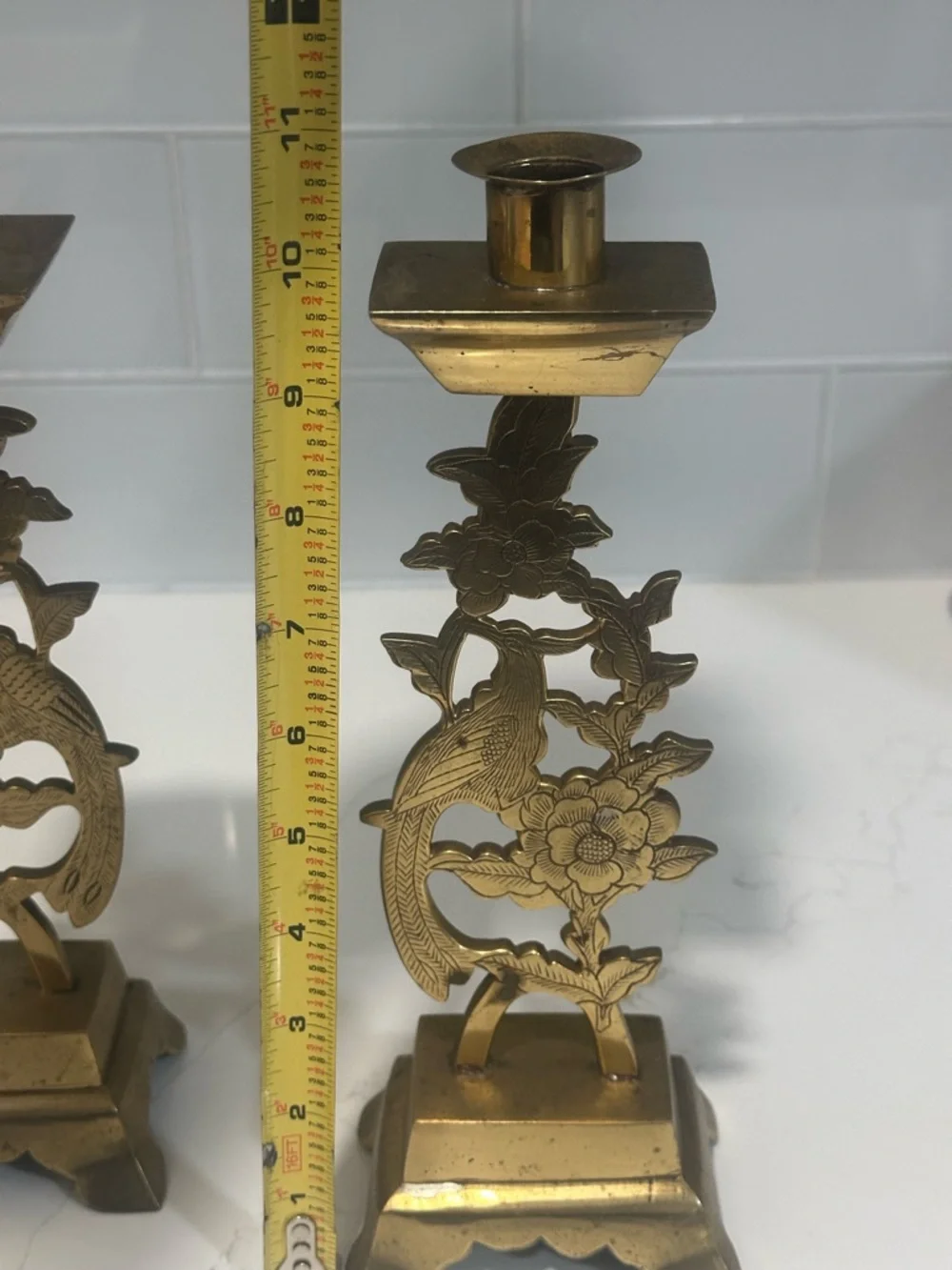 Brass Bird & Floral Candlestick Pair - Gold Decorative Home Accents